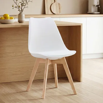 Produktbild von Küchenstuhl Weiß Schalenstuhl Kunststoff Holzbeine Esszimmerstuhl Skandinavisch