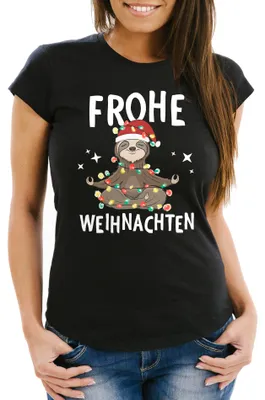 Produktbild von Damen T-Shirt Frohe Weihnachten Lustig Weihnachtsshirt Dabbing Weihnachtsmotiv Frauen Fun-Shirt Moonworks® Faultier schwarz XXL