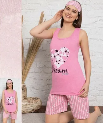 Produktbild von Damen Pyjama Baumwolle Shorty Rosa XL Kurz Schlafanzug 3-Teiler Set mit Augenband E-97