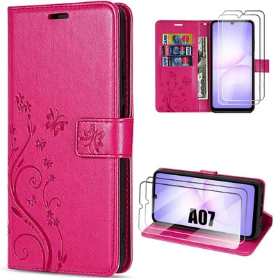 Image de Coque + 2 Verres Trempés pour Samsung Galaxy A07, Protection Antichoc CuirPolyuréthaneFuchsia Motif Fleur Papillon