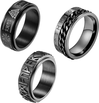 Productafbeelding van Fidget-angst spinner-ring voor heren - Set van 3 - Zwart - Roestvrij staal - Angst ringenset met Viking-platenspeler
