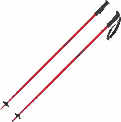 A pair of red ski poles with black grips and baskets, displayed diagonally against a white background.