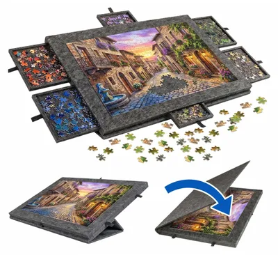 Produktbild von Relaxdays Puzzlebrett, 1000 Teile, 6 Schubladen, Filz, verstellbarer Ständer, Abdeckung, Puzzleunterlage, dunkelgrau