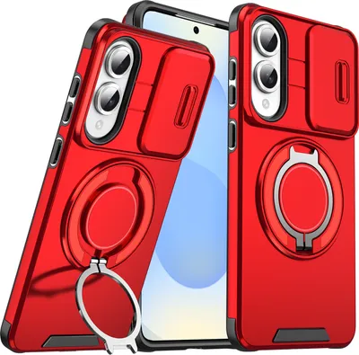 Produktbild von Handyhülle für Samsung Galaxy S25 Edge Dual-Layer Stoßfest Militär Hülle mit Dia Kameraschutz und Magnetisch Ring Ständer Rot