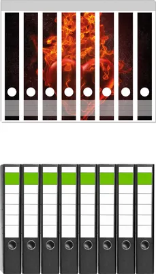 Produktbild von Wallario 8 Stück schmale Ordner inkl. Klebeetiketten mit Motive Brennendes Herz - in roten Flammen -  Set mit Rückenschildern / Ordnerrücken Stickern