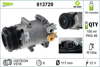 Produktbild von VALEO 813729 VS16 Klimaanlage Klimakompressor PAG 46 R134a für FORD Fiesta Mk6 Schrägheck (JA8, JR8) FOCUS III Turnier FOCUS III B-MAX (JK)