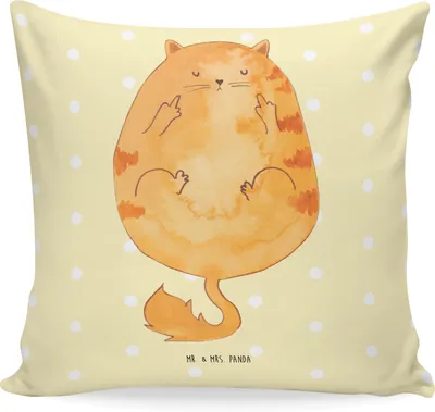 Produktbild von Mr. & Mrs. Panda Kissen 40x40 Katze Frühaufsteher - Gelb Pastell - Geschenk, Deko, bedruckt, Polster, Lustig, Couchkissen, Mittelfinger, Katzen, Dekokissen, Kaffee