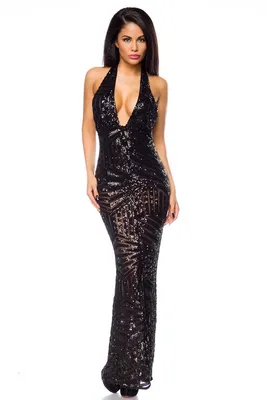 Produktbild von Langes Abendkleid mit Pailletten / Cocktailkleid / Paillettenkleid in schwarz Größe L