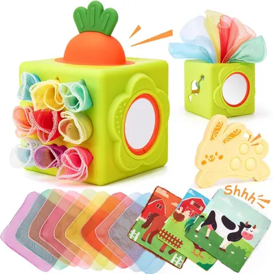 Produktbild von Montessori-Babyspielzeug, 6 Monate - Silikon-Stofftierbox - Sensorisches Spielzeug - 1 Beschäftigungskubus mit Stoffen - Spiegel - Beißring