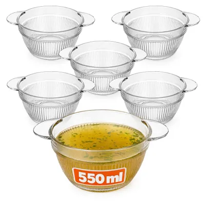 Obrázek produktu pro KADAX Polévková mísa 550 ml, sada 6 ks, průhledná mísa na polévky, skleněná polévková mísa, polévková mísa, skleněná mísa s uchy, polévkový talíř, lze mýt v myčce