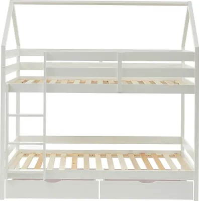 Produktbild von Etagenbett Hausbett mit 2 Schubladen - Kiefernholz - 2 x 90 x 190 cm - Weiß - CHORI