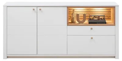 Produktbild von Sideboard - 192 x 90 cm - Eiche Nachbildung - Weiß supermatt - 2 Türen - 2 Schubladen - mit LED-Beleuchtung