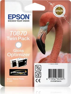Produktbild von Epson Flamingo Twinpack Gloss Optimizer T0870 Ultra Gloss High-Gloss 2, Standardertrag, Glanzverstärker, Tinte auf Pigmentbasis, 11,4 ml, 1 Stück(e), Doppelpack