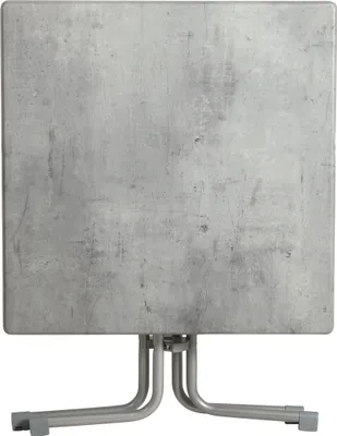 A square table with a metallic surface and folding legs.