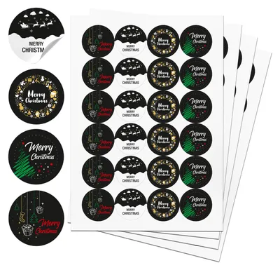 Produktbild von Aufkleber Weihnachten EN schwarz - 96x Weihnachtsaufkleber für Geschenke in 4 Variationen | Sticker Set Frohe Weihnachten | 4 cm Etiketten rund