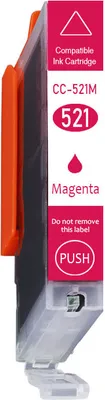 A side view of a magenta ink cartridge with orange clip.