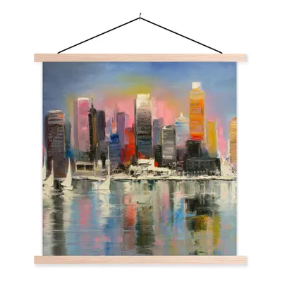 Produktbild von MuchoWow® Textilposter Gemälde - Öl - Skyline - Wasser 60x60 cm mit holzfarbenen Rahmen - Wanddekoration