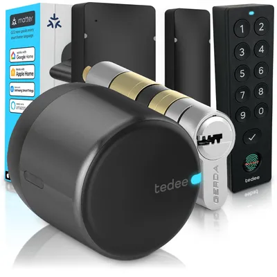 Obrázek produktu pro Tedee GO2 Alu s Keypad PRO, senzorem dveří a vložkou Gerda EXXO – Chytrý zámek, otisk prstu, třída 6, bezpečné zamykání, bezklíčový vstup, Matter