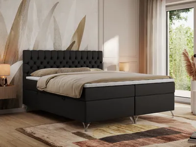 Produktbild von MKS MEBLE Boxspringbett 140x200, Bett 140x200 mit Matratze H3, Boxspringbett 140x200 mit Bettkasten und Topper, Polsterbett 140x200 Füße - GRIMALDI - 140x200 - Schwarz Kunstleder - H3