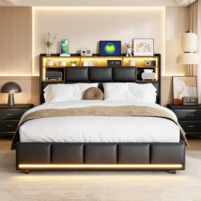 Imagen del producto de Cama tapizada INONEFT de 140 x 200 cm con iluminación LED, cama boxspring hidráulica con espacio de almacenamiento, cama doble con cabecero con espacio de almacenamiento y somier, fabricada en PU
