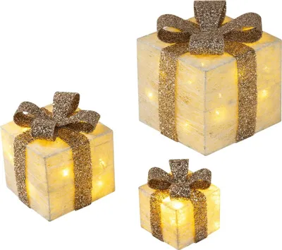 Produktbild von Bambelaa! 3er Led Deko Geschenke Leucht Boxen Timer Weihnachts Dekoration Weihnachtsdeko Beleuchtet Deko Weihnachten Gold