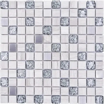 Produktbild von Natursteinmosaik Quadrat Crystal/Stein/Stahl wood white