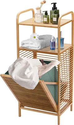 Produktbild von Badregal mit Abnehmbarem Wäschekorb, Badezimmerregal aus Bambus, Badschrank mit 2 Ablagen für Badaccessoires, mit 37 L Faltbarem Wäschesammler, für Badezimmer Schlafzimmer