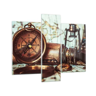 Produktbild von Bilder auf glas - Kompass Teleskop Abenteuer antik - 95x80cm - Glasbilder - Wandbilder - Kunstdruck - zum Aufhängen bereit - Wanddekoration aus Glas - Glas Bilder - Wandbild auf Glas - GCB95x80-2946