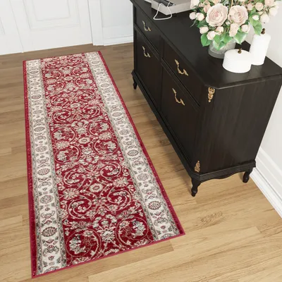Image de Tapis de passage Marchandise au mètre Entrée Salon Chambre à coucher Tapis à poils courts Rouge Design classique Chiné Oekotex 120 x 400