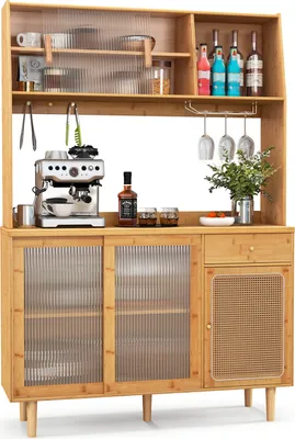 Produktbild von COSTWAY Buffetschrank mit Aufsatz, Schiebe-, Rattantür, Schublade, Küchenschrank Bambus Natur