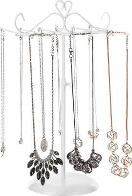 Imagen del producto de Soporte para joyas Unyqoos® de metal, gran soporte giratorio de 360° para collares, con 6 ganchos en forma de T, altura ajustable de 28 a 45 cm, y base de hierro de 12 cm