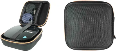 A collage of two images showing a black case for a Dymo label maker. The left image shows the case open, revealing the label maker and some accessories. The right image shows the case closed.