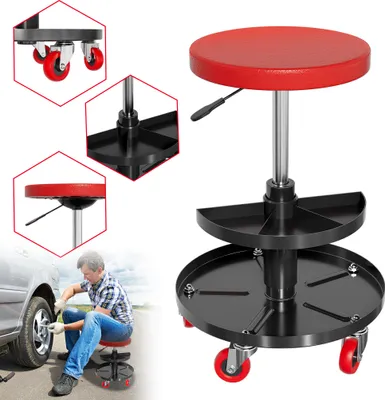 Produktbild von XINZI Werkstatthocker, 130 kg belastbar, Werkstattsitz 41-54cm Höhenverstellbar, Arbeitshocker mit Rollen, Garagenhocker Montagehocker Rollhocker, Rot