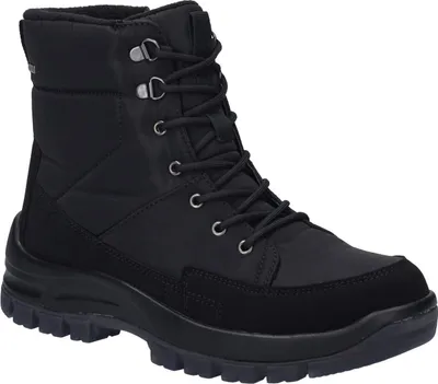 A black winter boot is shown against a white background.