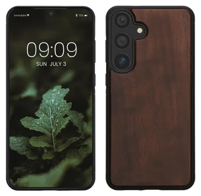 Produktbild von kwmobile Handyhülle für Samsung Galaxy S25 Plus Hülle Holz - Case mit TPU Bumper - Stoßfestes Hardcase - Schutzhülle Cover in Dunkelbraun