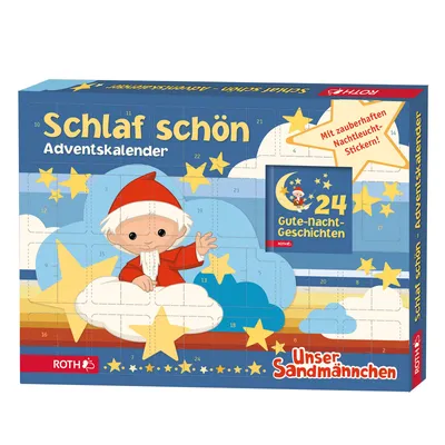 A children's advent calendar with a cartoon character, stars, and clouds.