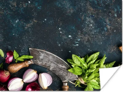 Produktbild von MuchoWow® Poster Gemüse - Kräuter - Wiegemesser - Zwiebel - Gewürze - Rustikal 160x120 cm - Foto Plakat