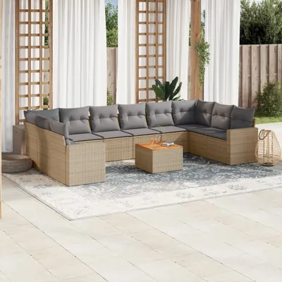 Produktbild von Design 11-tlg. Garten-Sofagarnitur mit Kissen Beige Poly Rattan, Gartenmöbel-Sets 2024 Neu