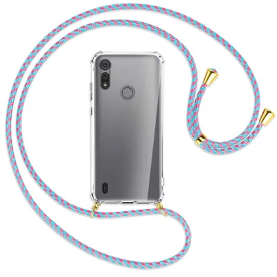 Produktbild von Handykette Backcover-Schutzhülle mit Band (Metall goldfarben) für Motorola Moto E6s - pink/mint