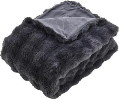 A folded dark gray faux fur blanket.