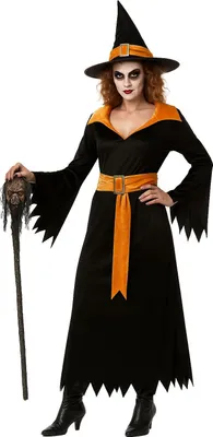Produktbild von Hexenkostüm Damen Schwarz Orange – Kleid mit Gürtel und Hut – Halloween & Karneval Verkleidung, Größe:M
