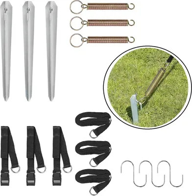 Produktbild von Camping Sturmbänder 3x 5,10 cm inkl. Hering, Haken, Feder Sturmsicherungen für Markisen -  Abspannset Vorzelt Sturmband