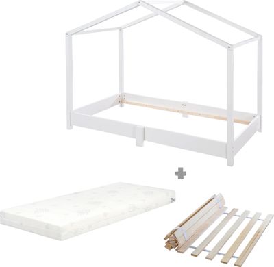 roba Hausbett bodentief aus Massivholz - Set mit Lattenrost und Matratze - 70 x 140 cm - Bodenbett nach Montessori Prinzip - Holz weiß lackiert
