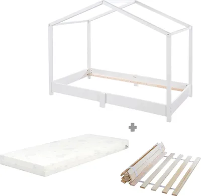 Produktbild von roba Hausbett bodentief aus Massivholz - Set mit Lattenrost und Matratze - 70 x 140 cm - Bodenbett nach Montessori Prinzip - Holz weiß lackiert
