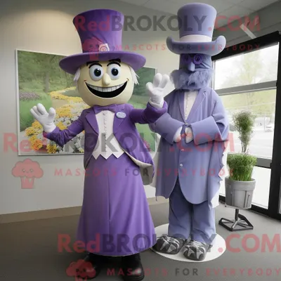 Produktbild von Maskottchenfigur REDBROKOLY eines Zirkusdirektors in Lavendel bekleidet mit einem Etuikleid und Manschettenknöpfen