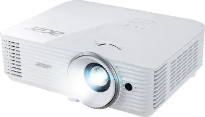 A white Acer projector with its lens emitting a bright light.