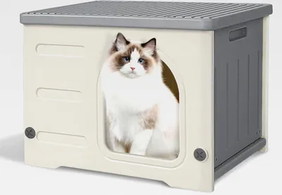 Produktbild von Katzenhaus Outdoor Winterfest, Kunststoff Katzenhaus für Draussen Verwildert Katzenhöhle Outdoor Wasserabweisend für Kleine Mittlere Haustiere Grau