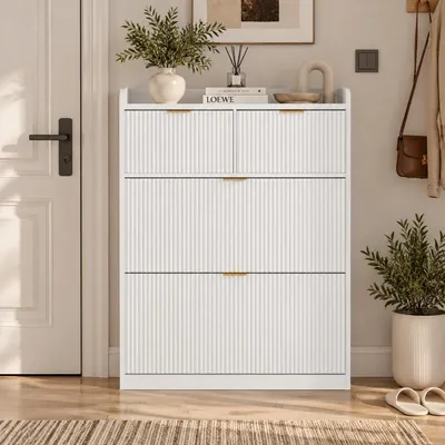 Productafbeelding van INONEFT Schoenenkast, smal model met 2 lades en 2 kleppen, schoenenrek met verstelbare compartimenten, geschikt voor hal en entree, 80x24x110 cm