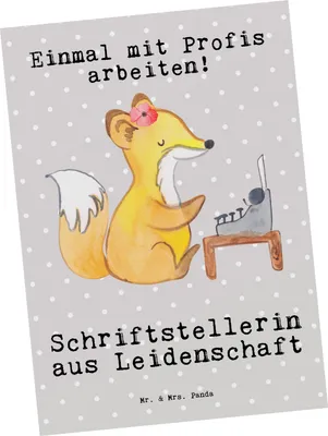 Produktbild von Mr. & Mrs. Panda Postkarte Schriftstellerin Leidenschaft - Grau Pastell - Geschenk, bildkarte, Buchhandlung, Lustig, Fotokarte, Spruch, Postkarten, Ansichtskarten, Beruf