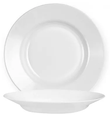 A top-down view of a white plate, with a second plate shown from the side in the foreground.